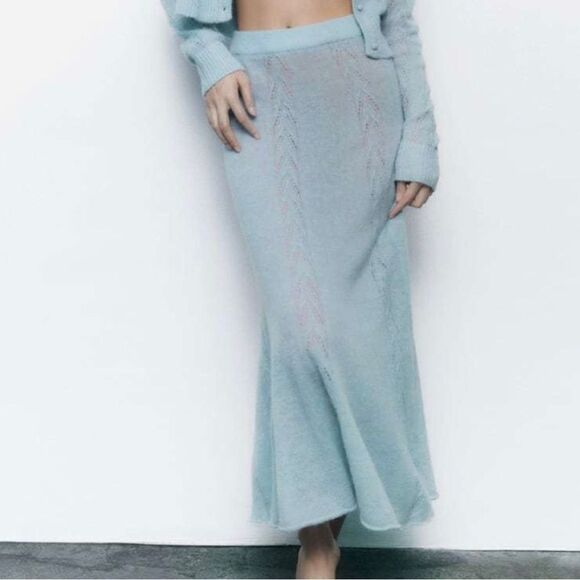 Zara Light Blue Pointelle Alpaca Wool Knit Skirt New - Picture 2 of 6